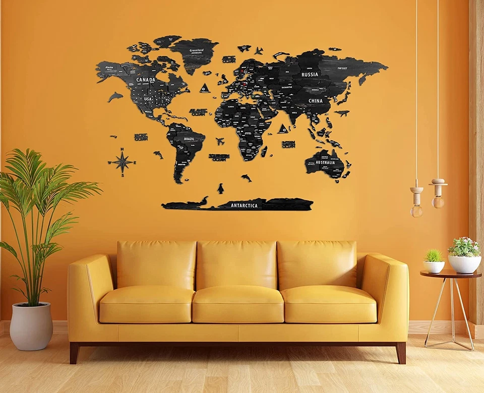 Mapa del mundo de madera 3D, mapa de viaje multicapa con estados y capitales, mapa de pared Foto 4 de 4