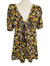 ASOS Dress Womans 8 Yellow & Black Summer Mini Floral 70s Boho Hippie Tie Front