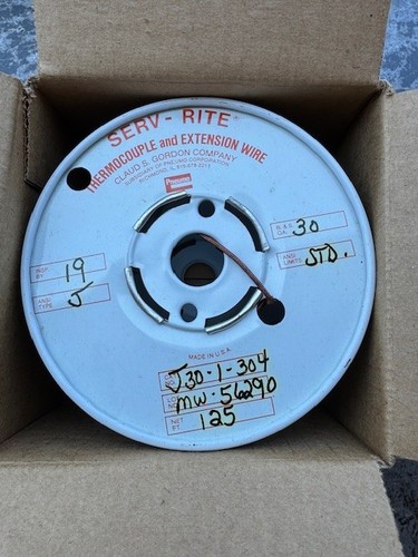 Gordon/Serv-Rite J30-1-304 Glass Braid Thermocouple Wire 125 feet NOS - Picture 2 of 3