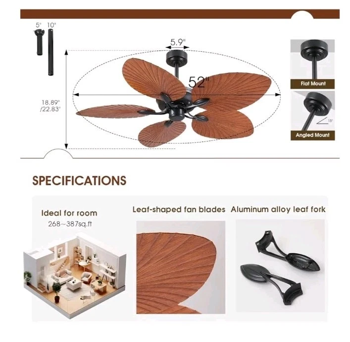 PHORUS 52" Waterproof Outdoor Palm Leaf Ceiling Fan. (b645) - Image 2 of 4