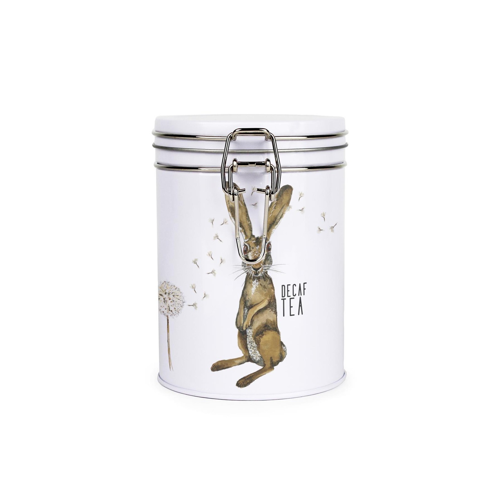 Hare & Dandelions Decaf Tea Canister - Metal Clip-Lid Kitchen Storage Gift
