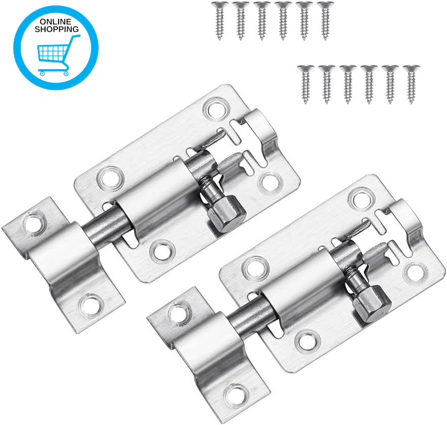2 Inch Door Lock Bolt, 2 Pack Slide Latch Lock with Screws, Stainless Steel Barr