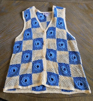 Vintage Bechamel Crochet Granny Square Button-Up Tank Blue Beige Geometric Large