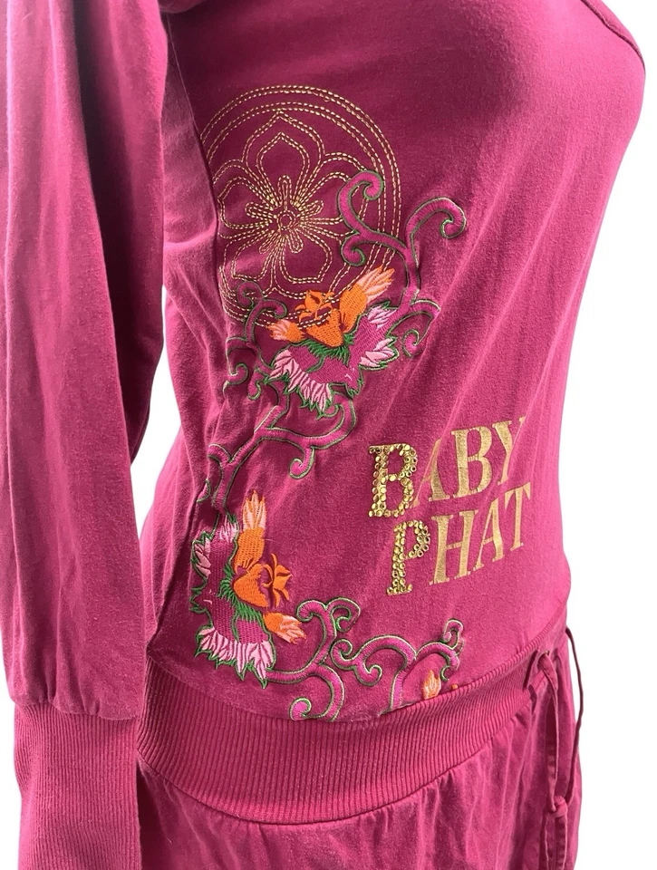 Sudadera con Capucha Baby Phat Rosa Bordado Estrás Y2k Long Line Logo PEQUEÑA Foto 3 de 4