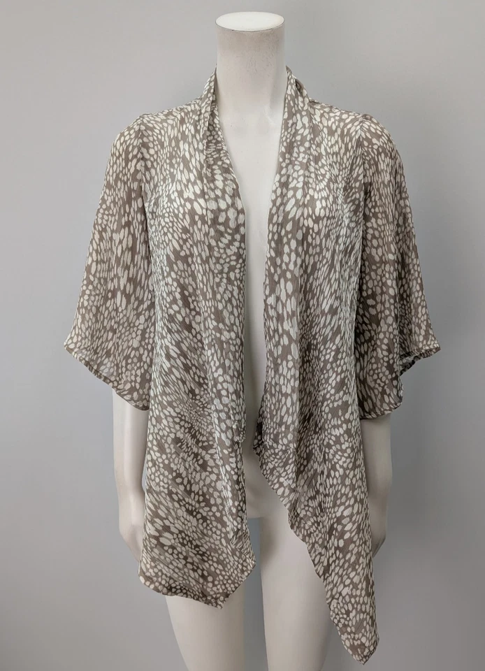 Blusa para mujer AB Studio talla S beige blanco estampado transparente frente abierto kimono Foto 2 de 4