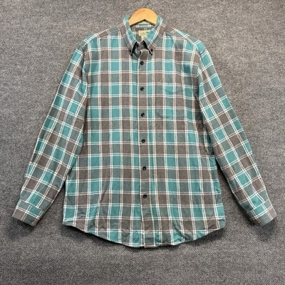 LL Bean Shirt Men Large Green Gray Check Soft Flannel Long Sleeve Button Down