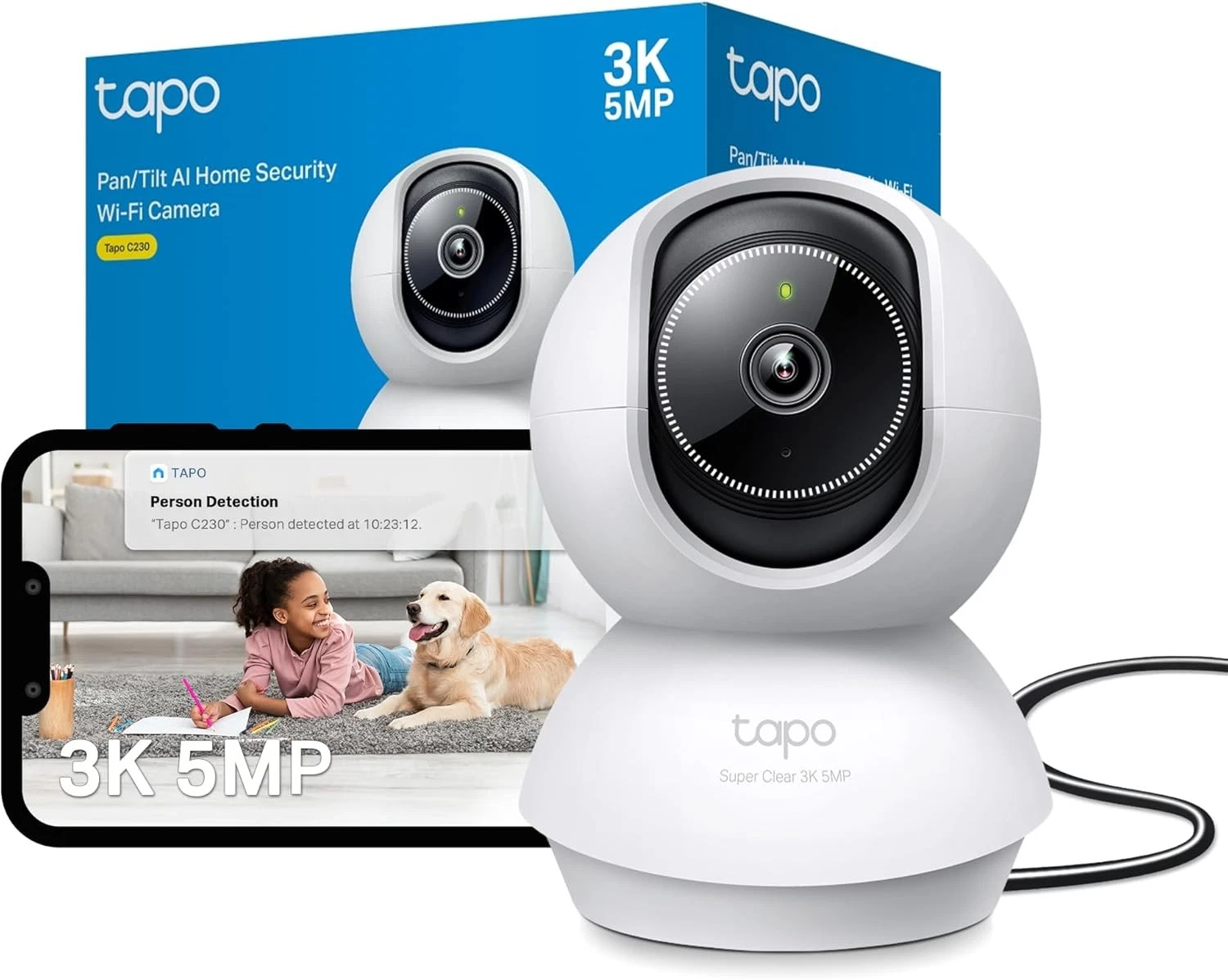 Tapo C230 3K 5MP Indoor Camera with AI Detection, Pan/Tilt 360° View