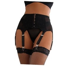Plus Size High Waist Garter Belt Set Lace Mesh Suspender Belt 3X-4X 1- Black