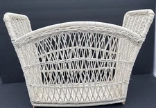 Vintage White Wicker Rattan Magazine Holder Rack Basket Boho MCM