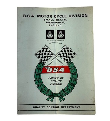 B.S.A. Motorcycle Division quality, control dept. certification Document Booklet