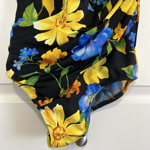 Miraclesuit schwarz gelb Blumen Einteiler Badeanzug Größe 12 gerafft Made in USA - Bild 5 von 14