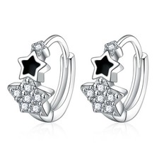 Retro Silver Plated CZ Star Dainty Huggie Hoop Earrings For Women Girl Jewelry