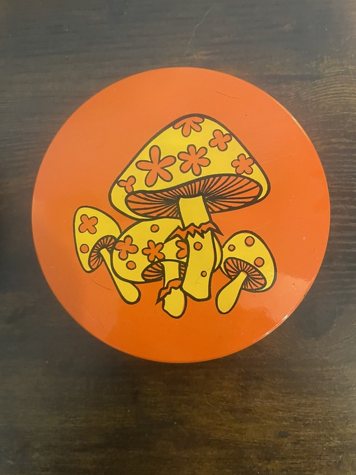 Takahashi orange groovy mushroom coasters in their original container are pure 1970s Japanese kitsch perfection — retro, cheerful, and utterly specific.