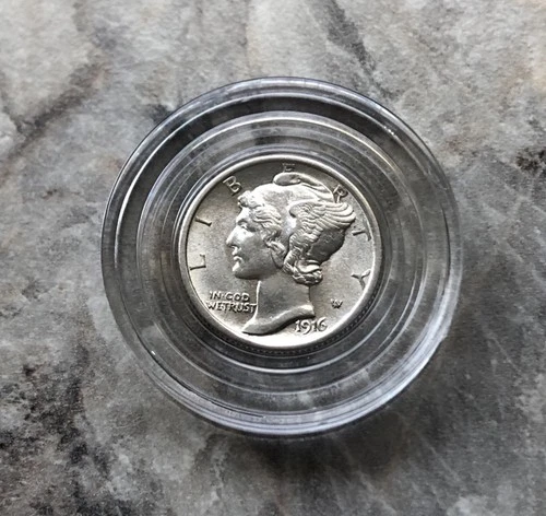 1916 SILVER MERCURY DIME IN BU CONDITION. FIRST YEAR.