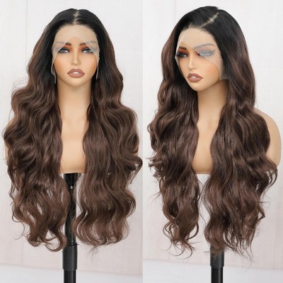 HD Lace Front Wig Human Hair Blend Highlights  Wavy Curly Long 28 Medium Brown