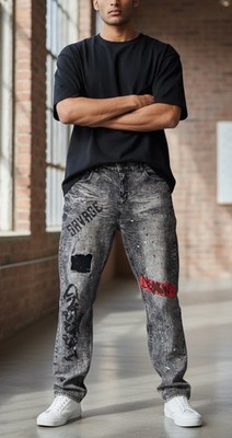 Encrypted Jeans Black Size 38x32 Denim Distressed Acid Wash