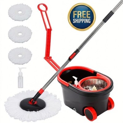 Spin Mop Bucket Wringer Set Wheels 360 Spin Floor Cleaning System 3 Mop Heads US
