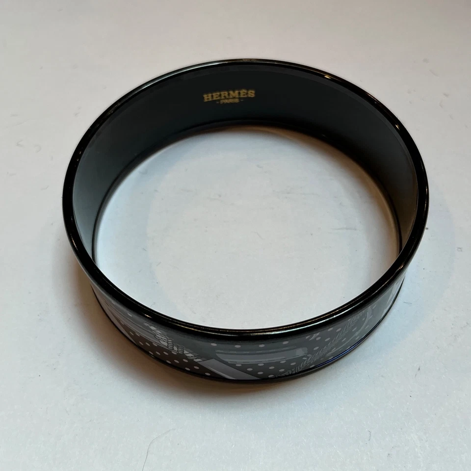 HERMES Enamel PM 65 Wide Bangle Bracelet Black rim, Black white CLIC CLAC A POIS - Image 4 of 4
