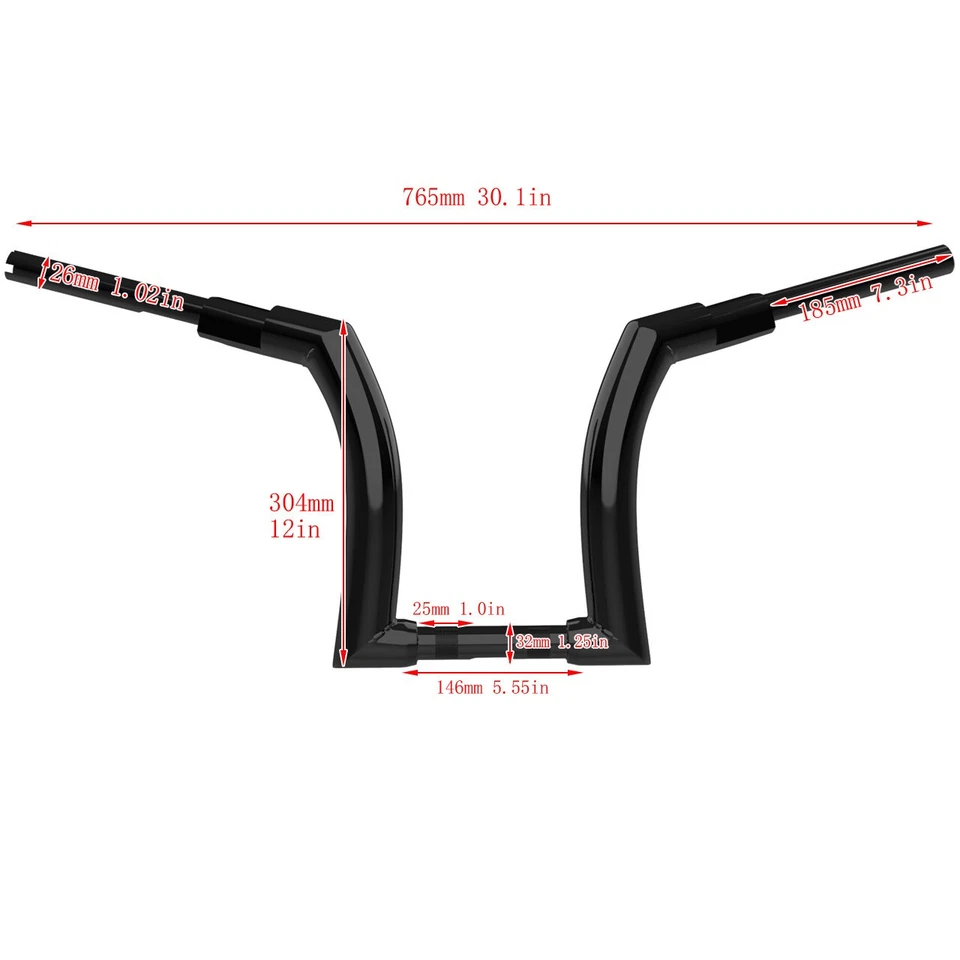 Black 12" Riser 1.25" Ape Hanger Handlebar For Harley Touring Road King 14-2022 - Image 2 of 4