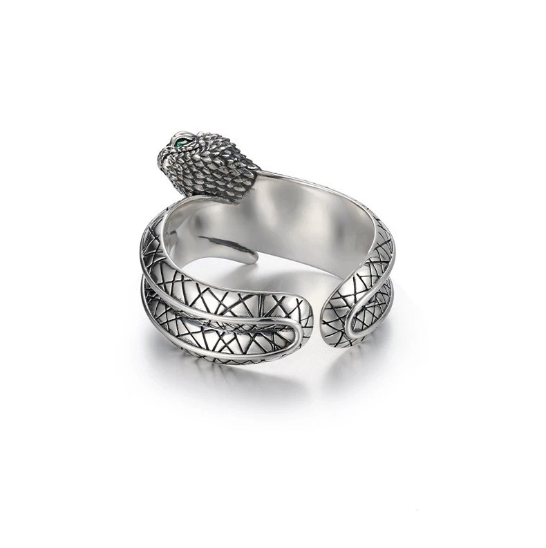 Anillo Serpiente Vintage con Piedra Verde, Base Cobre Chapado en Plata, Retro Punk Foto 2 de 4