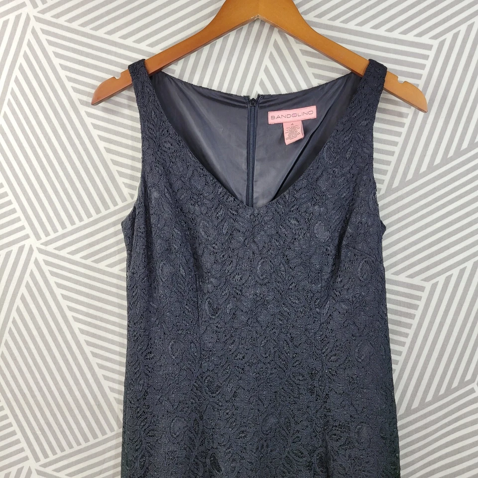 Vestido Bandolino tamanho 4 noite coquetel bainha renda LBD evento especial plissado - Imagem 3 de 4