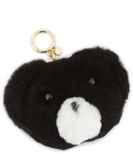 MICHAEL KORS GOLD TONE,BLACK+WHITE RABBIT FUR TEDDY BEAR POM POM KEY RING FOB