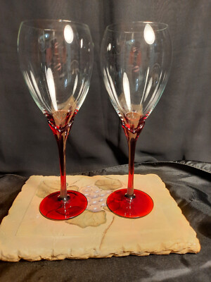 2 Striking Ruby Red Lily Stemmed Wine Glasses Pair Set