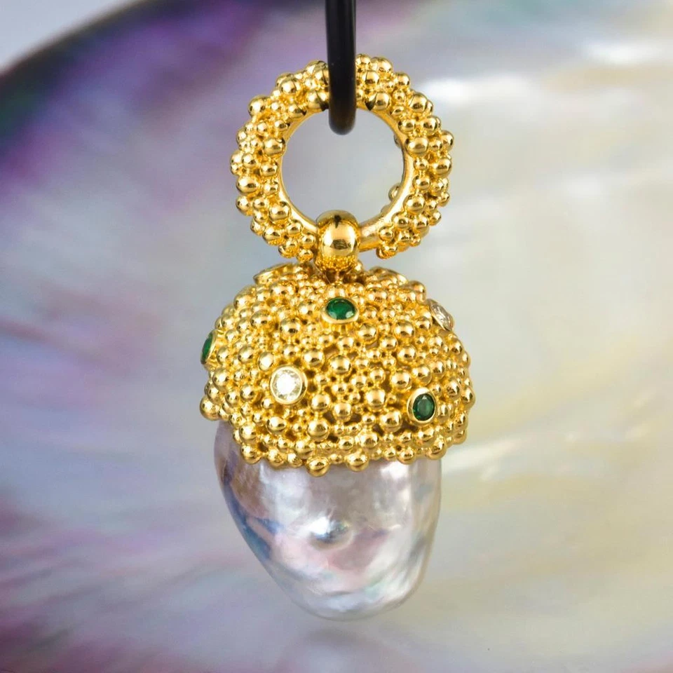 Gigantische South Sea Pearl Pendant Gold Vermeil Sterling, Diamant Smaragd - Bild 1 von 4