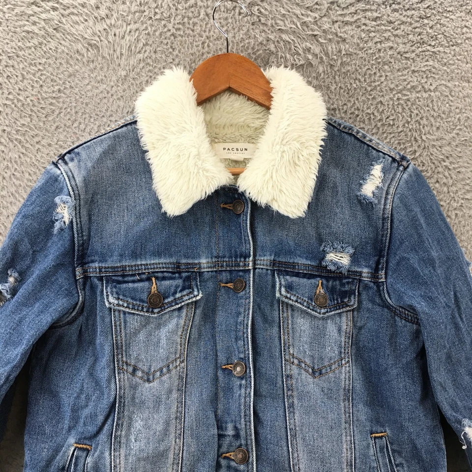 Pacsun Faux Fur Lined Denim Jacket Womens Medium Blue Cotton Button Up Casual - Image 2 of 4