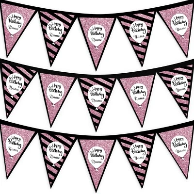 Personalisierte Rosa Glitzer Geburtstagsparty Wimpelkette Dekoration 3m Stoff - Bild 1 von 4