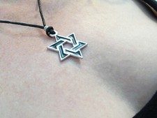 Stylized Black Enamel Chrome Star Of David Pendant Leather Adjustable Necklace