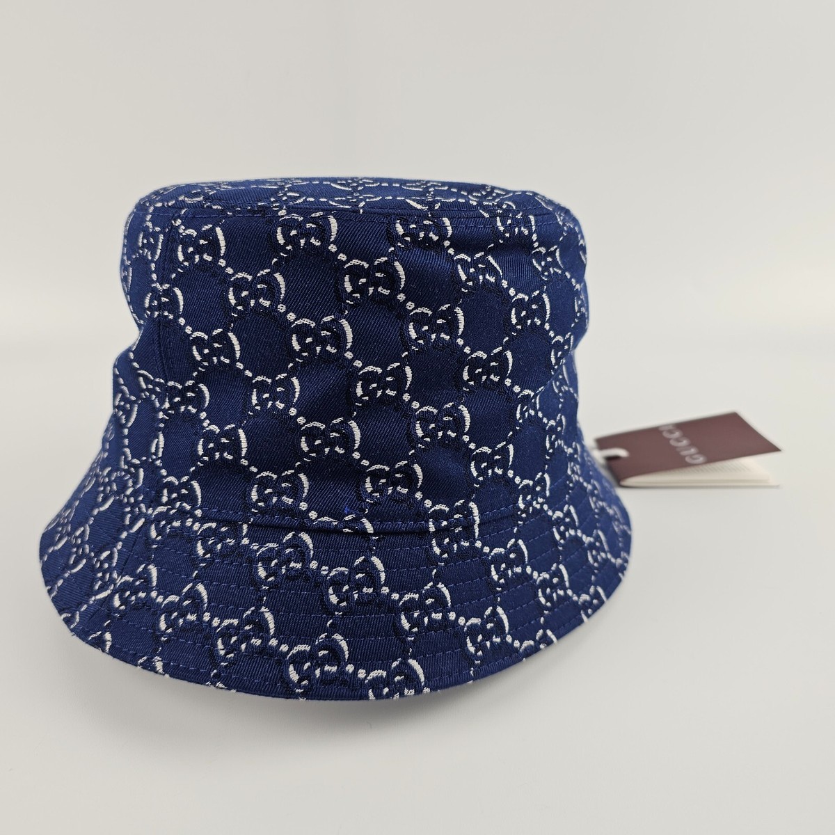 GUCCI $675 Blue Cotton GG Shadow Bucket Hat New And