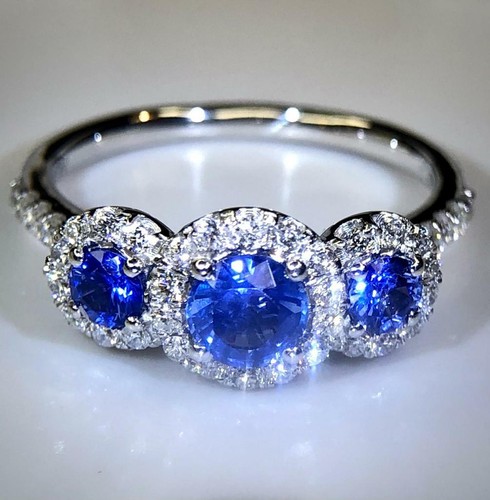 Blue Sapphire & Diamond Ring Trilogy Cluster Engagement in Platinum - Picture 6 of 12