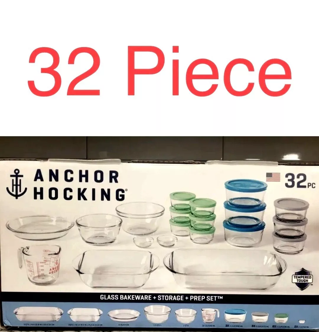 Anchor Hocking 30 Piece Glass Food Storage and Bake Container Sets  including Variety Sizes and Shapes