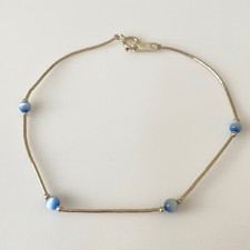 Vintage 925 Liquid Sterling Silver Blue Cat's Eye Thin Ankle Bracelet Anklet