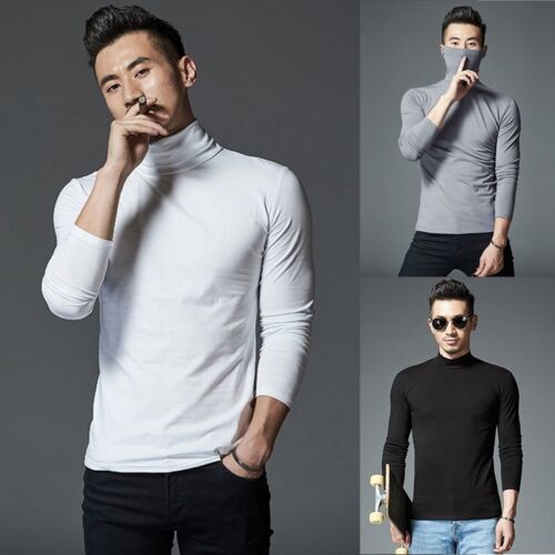 Men Turtleneck Stretch Long Sleeve T-shirt Pullover High Neck/Solid Basic Tops - Picture 1 of 33