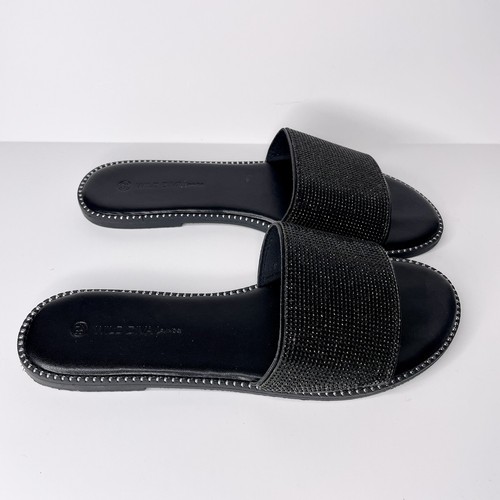 Wild Diva Lounge Sparkle Toes Out Rhinestone Slide Black Sandals Size 8.5 |  eBay