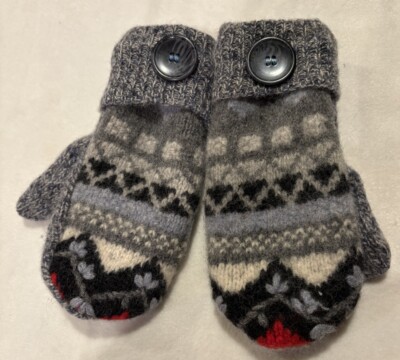 SWEATER MITTENS HANDMADE Of Recycled WOOL Sweaters FLEECE LINING  Blue/Gray 