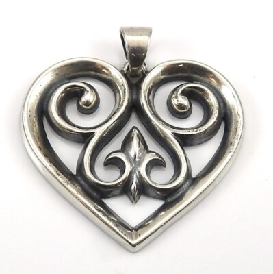 James Avery Sterling Silver French Scroll Heart Fleur De Lis Large Pendant  LND2