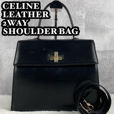 CELINE Leather Shoulder Bag 2way Turnlock Black Crossbody Gold hardware M1214