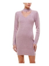 PLANET GOLD Womens Choker Eyelash Sweater Long Sleeve Keyhole Short Sheath Dress