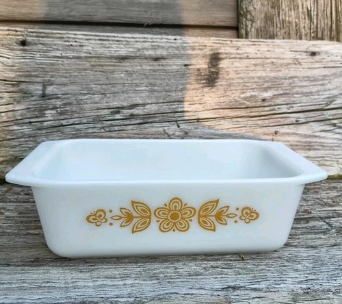 Vintage PYREX White Loaf Pan Butterfly Gold Pattern Collectible 1970s Baking