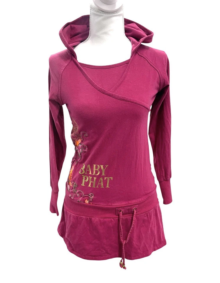 Sudadera con Capucha Baby Phat Rosa Bordado Estrás Y2k Long Line Logo PEQUEÑA Foto 2 de 4