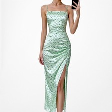Zara Pastel Green Blue Printed Satin Midi Ruched Side Slit Summer Sundress S