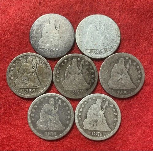 1853-1876 Seated Liberty Quarter Dollar Coins, Lot of 7 Different Dates NR