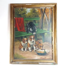 Vintage Oil Painting Dogs & Cat Naive Art c.1950s Hungary Europe 29" x 22"