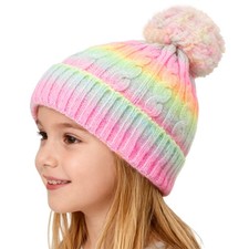 Toddler GILR Winter Hat, Cute Rainbow Hat with Pom Medium, Multicolor-73 hat 