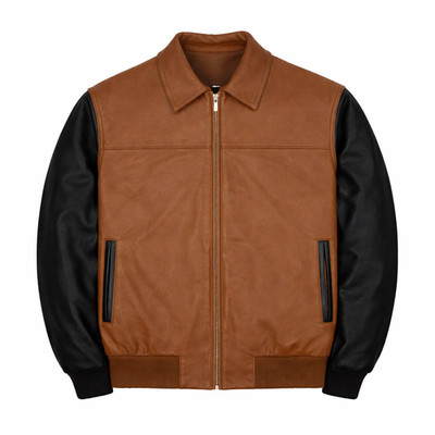 Men s Brown & Black Genuine Leather Varsity Jacket Classic Zip Bomber Style Coat