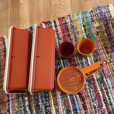 Vtg Tupperware Lot Large Square Set + Sifter & Extras- Autumn Orange Maroon