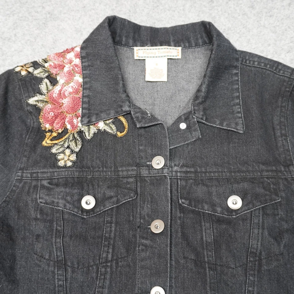 Flying Tomato Denim Jacket Women's Black Small Sequined Floral - Image 2 of 4